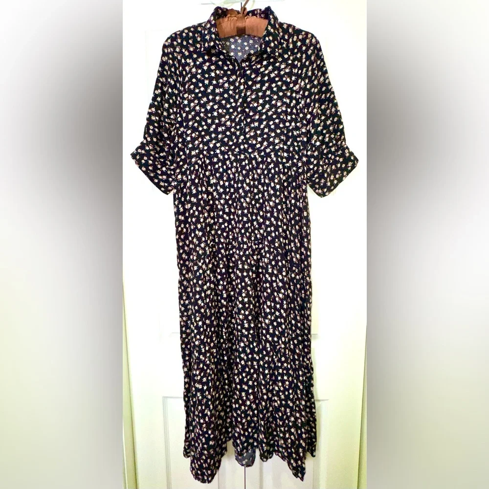 Natural Life Rebecca Midi Dress Black Cream Rose Floral Pockets Boho Sz Large - Picture 4 of 15